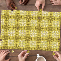 Yellow Hawaiian Quilt Puzzle Hawaii Pineapple Monstera Palaka Motifs - Polynesian Pride