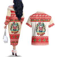 Mele Kalikimaka Hawaii Couples Matching Off The Shoulder Long Sleeve Dress and Hawaiian Shirt Funny Beer-Loving Santa Hawaiian Tropical LT14 - Polynesian Pride