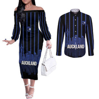 New Zealand Auckland Football Custom Couples Matching Off The Shoulder Long Sleeve Dress and Long Sleeve Button Shirt Go City of Sails Est 2025 LT14 Black - Polynesian Pride