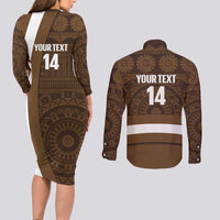Bula Fiji Football Custom Couples Matching Long Sleeve Bodycon Dress and Long Sleeve Button Shirt One Vanua One Team Tapa Pattern LT14 - Polynesian Pride
