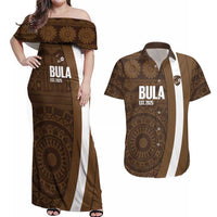 Bula Fiji Football Custom Couples Matching Off Shoulder Maxi Dress and Hawaiian Shirt One Vanua One Team Tapa Pattern LT14 Brown - Polynesian Pride