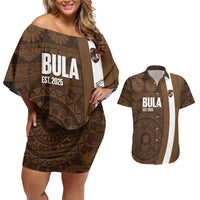 Bula Fiji Football Custom Couples Matching Off Shoulder Short Dress and Hawaiian Shirt One Vanua One Team Tapa Pattern LT14 Brown - Polynesian Pride