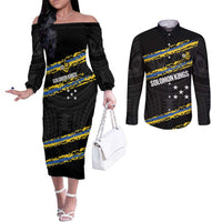 Kings Solomon Islands Football Custom Couples Matching Off The Shoulder Long Sleeve Dress and Long Sleeve Button Shirt Come On Solomons Polynesian Grunge Style
