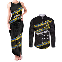 Kings Solomon Islands Football Custom Couples Matching Tank Maxi Dress and Long Sleeve Button Shirt Come On Solomons Polynesian Grunge Style LT14 Black - Polynesian Pride
