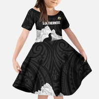 New Zealand South Island Football Custom Kid Short Sleeve Dress Aoraki Mount Cook With Kiwi Maori Pattern LT14 KID Black - Polynesian Pride