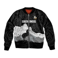 New Zealand South Island Football Custom Sleeve Zip Bomber Jacket Aoraki Mount Cook With Kiwi Maori Pattern LT14 Unisex Black - Polynesian Pride