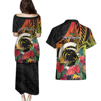 Vanuatu Boar Tusk Yumi Yumi Yumi Couples Matching Puletasi and Hawaiian Shirt Independens Dei Long God Yumi Stanap