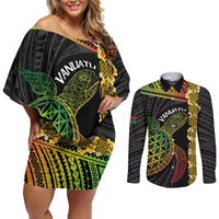 Vanuatu Sand Drawing Turtle Couples Matching Off Shoulder Short Dress and Long Sleeve Button Shirt Happy Independence Day