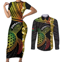 Vanuatu Sand Drawing Turtle Couples Matching Short Sleeve Bodycon Dress and Long Sleeve Button Shirt Happy Independence Day