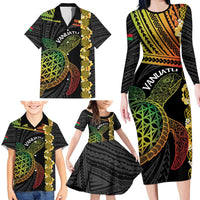 Vanuatu Sand Drawing Turtle Family Matching Long Sleeve Bodycon Dress and Hawaiian Shirt Happy Independence Day