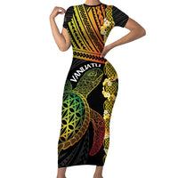 Vanuatu Sand Drawing Turtle Short Sleeve Bodycon Dress Happy Independence Day LT14 Long Dress Black - Polynesian Pride