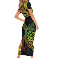 Vanuatu Sand Drawing Turtle Short Sleeve Bodycon Dress Happy Independence Day LT14 - Polynesian Pride