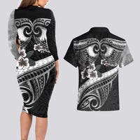Black Polynesia Couples Matching Long Sleeve Bodycon Dress and Hawaiian Shirt Tribal Pattern Tropical Frangipani