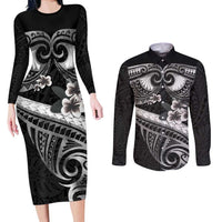 Black Polynesia Couples Matching Long Sleeve Bodycon Dress and Long Sleeve Button Shirt Tribal Pattern Tropical Frangipani