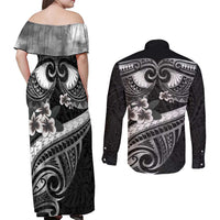 Black Polynesia Couples Matching Off Shoulder Maxi Dress and Long Sleeve Button Shirt Tribal Pattern Tropical Frangipani