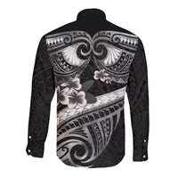 Black Polynesia Long Sleeve Button Shirt Tribal Pattern Tropical Frangipani