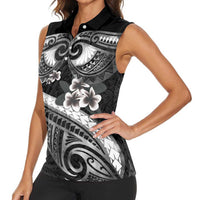Black Polynesia Women Sleeveless Polo Shirt Tribal Pattern Tropical Frangipani LT14 - Polynesian Pride