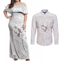 White Polynesia Couples Matching Off Shoulder Maxi Dress and Long Sleeve Button Shirt Tribal Pattern Tropical Frangipani
