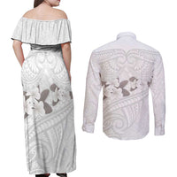 White Polynesia Couples Matching Off Shoulder Maxi Dress and Long Sleeve Button Shirt Tribal Pattern Tropical Frangipani