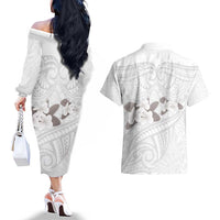 White Polynesia Couples Matching Off The Shoulder Long Sleeve Dress and Hawaiian Shirt Tribal Pattern Tropical Frangipani