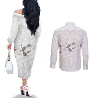 White Polynesia Couples Matching Off The Shoulder Long Sleeve Dress and Long Sleeve Button Shirt Tribal Pattern Tropical Frangipani