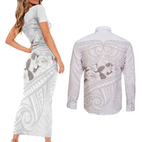 White Polynesia Couples Matching Short Sleeve Bodycon Dress and Long Sleeve Button Shirt Tribal Pattern Tropical Frangipani