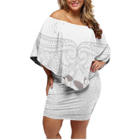 White Polynesia Family Matching Off Shoulder Short Dress and Hawaiian Shirt Tribal Pattern Tropical Frangipani