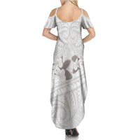 White Polynesia Family Matching Summer Maxi Dress and Hawaiian Shirt Tribal Pattern Tropical Frangipani