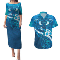 Blue Polynesia Couples Matching Puletasi and Hawaiian Shirt Tribal Pattern Tropical Frangipani