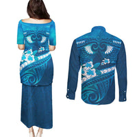 Blue Polynesia Couples Matching Puletasi and Long Sleeve Button Shirt Tribal Pattern Tropical Frangipani