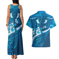 Blue Polynesia Couples Matching Tank Maxi Dress and Hawaiian Shirt Tribal Pattern Tropical Frangipani