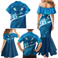 Blue Polynesia Family Matching Mermaid Dress and Hawaiian Shirt Tribal Pattern Tropical Frangipani