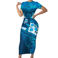 Blue Polynesia Short Sleeve Bodycon Dress Tribal Pattern Tropical Frangipani