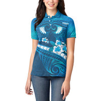 Blue Polynesia Women Polo Shirt Tribal Pattern Tropical Frangipani