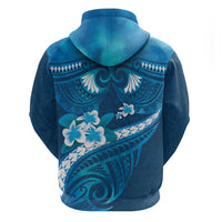 Blue Polynesia Zip Hoodie Tribal Pattern Tropical Frangipani