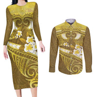 Gold Polynesia Couples Matching Long Sleeve Bodycon Dress and Long Sleeve Button Shirt Tribal Pattern Tropical Frangipani