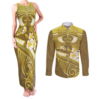 Gold Polynesia Couples Matching Tank Maxi Dress and Long Sleeve Button Shirt Tribal Pattern Tropical Frangipani