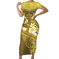 Gold Polynesia Family Matching Short Sleeve Bodycon Dress and Hawaiian Shirt Tribal Pattern Tropical Frangipani