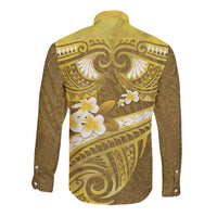 Gold Polynesia Long Sleeve Button Shirt Tribal Pattern Tropical Frangipani