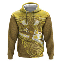 Gold Polynesia Zip Hoodie Tribal Pattern Tropical Frangipani