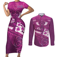 Pink Polynesia Couples Matching Short Sleeve Bodycon Dress and Long Sleeve Button Shirt Tribal Pattern Tropical Frangipani
