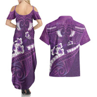 Purple Polynesia Couples Matching Summer Maxi Dress and Hawaiian Shirt Tribal Pattern Tropical Frangipani
