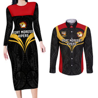 Papua New Guinea Rugby Couples Matching Long Sleeve Bodycon Dress and Long Sleeve Button Shirts Port Moresby Vipers PNG Polynesian Pattern LT14 Black - Polynesian Pride