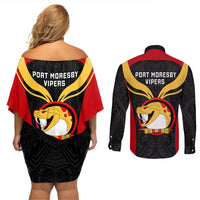Papua New Guinea Rugby Couples Matching Off Shoulder Short Dress and Long Sleeve Button Shirts Port Moresby Vipers PNG Polynesian Pattern LT14 - Polynesian Pride