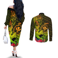 Hawaii Couples Matching Off The Shoulder Long Sleeve Dress and Long Sleeve Button Shirts Kanaka Map With Polynesian Shark Tattoo Reggae Unique LT14 - Polynesian Pride