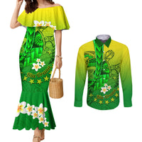 Kia Orana Cook Islands Couples Matching Mermaid Dress and Long Sleeve Button Shirt Kuki Airani Tattoo Pattern With Sea Turtle LT14 Green - Polynesian Pride