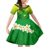 Kia Orana Cook Islands Family Matching Off Shoulder Short Dress and Hawaiian Shirt Kuki Airani Tattoo Pattern With Sea Turtle LT14 Daughter's Dress Green - Polynesian Pride