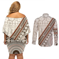 Bula Fiji Couples Matching Off Shoulder Short Dress and Long Sleeve Button Shirt Fijian Masi Tapa Cloth Vintage Vibes LT14 - Polynesian Pride