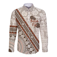 Bula Fiji Long Sleeve Button Shirt Fijian Masi Tapa Cloth Vintage Vibes LT14 Unisex Beige - Polynesian Pride