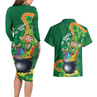 St Patrick's Day Hawaii Couples Matching Long Sleeve Bodycon Dress and Hawaiian Shirt Hauoli Maoli Funny Shaka Leprechaun